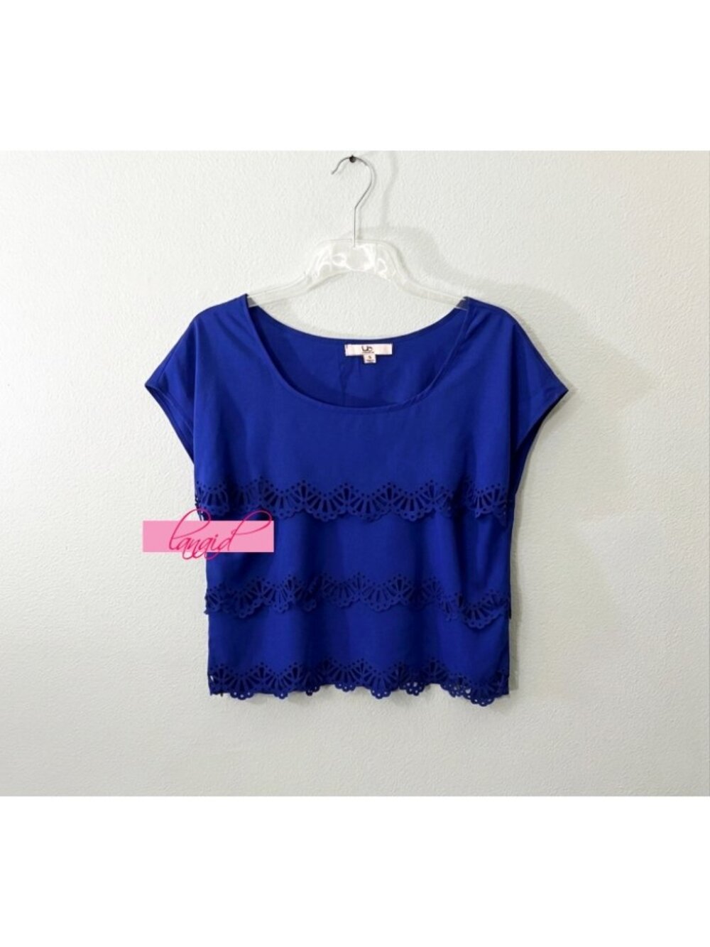 Ya Royal Blue Laser Cut-Out Cutouts Scalloped Layered Ruffle Relaxed Fit Blouse